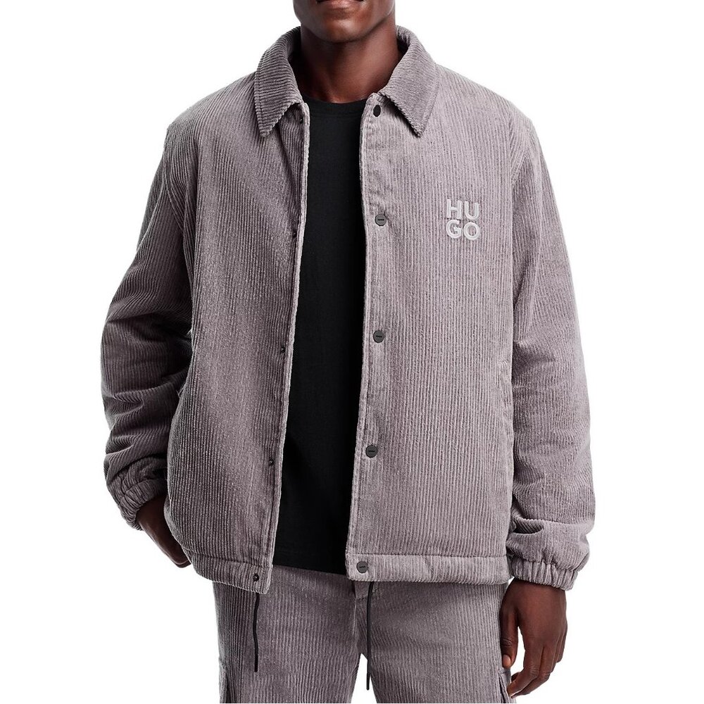 HUGO Mens Size XL Medium Grey Brian Corduroy Snap Front Shirt Jacket NWT 348